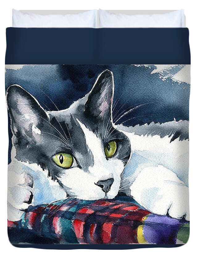 Cat Duvet Cover featuring the painting Watching You by Dora Hathazi Mendes