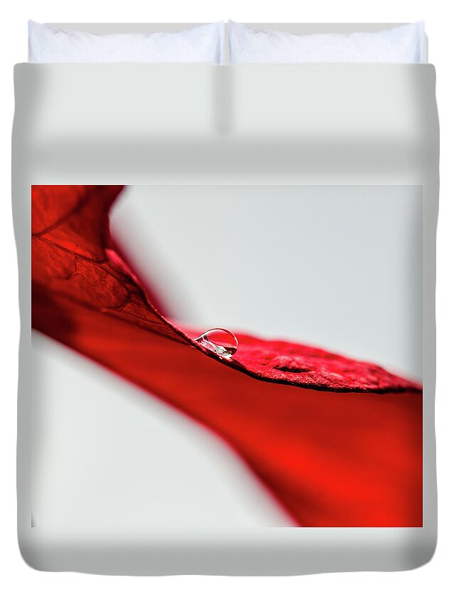 Scenics Duvet Cover featuring the photograph Water Drop On Red Leaf by Nancybelle Gonzaga Villarroya