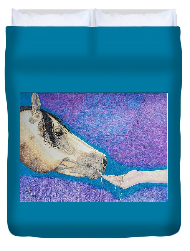 Buckskin Horse Duvet Cover featuring the drawing Water for My Friend by Equus Artisan