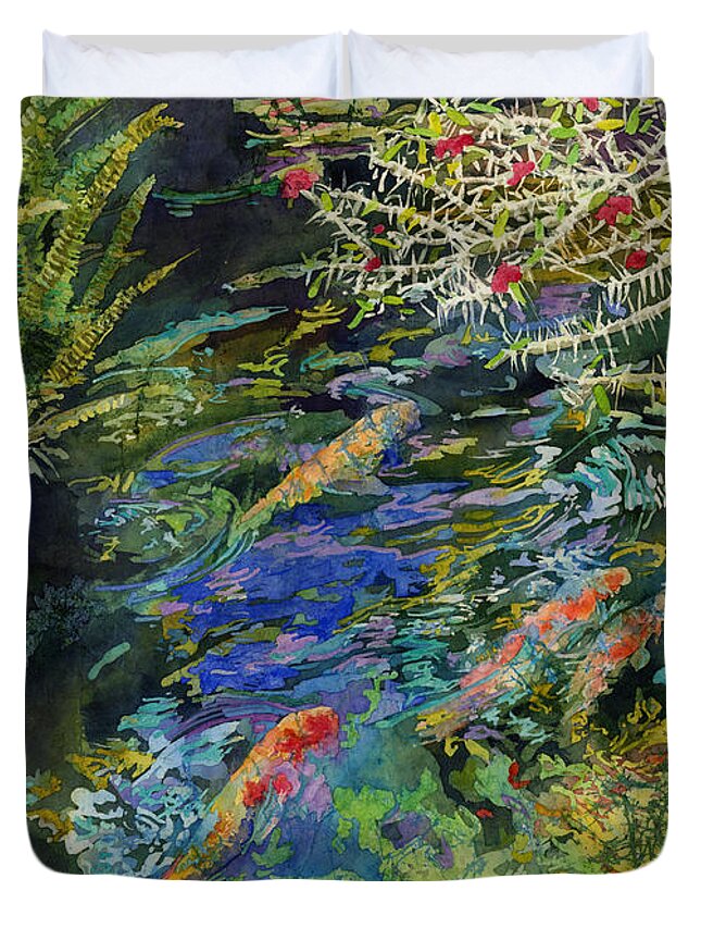 Koi Duvet Cover featuring the painting Water Garden by Hailey E Herrera