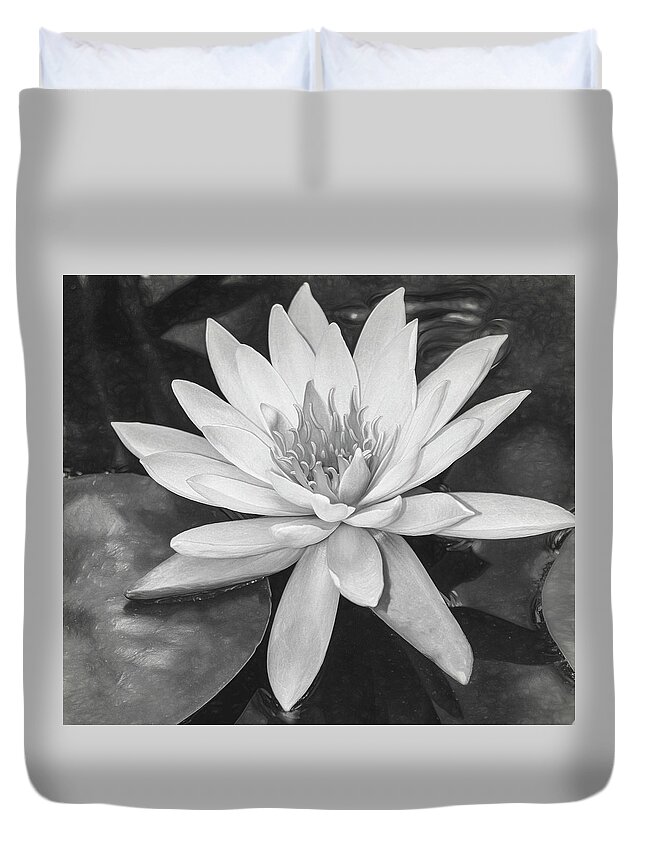 Water Lily Duvet Cover featuring the photograph Water Lily Monochrome by Teresa Wilson