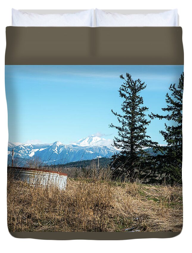 Water Tanks And Fir Trees Duvet Cover featuring the photograph Water Tanks and Fir Trees by Tom Cochran