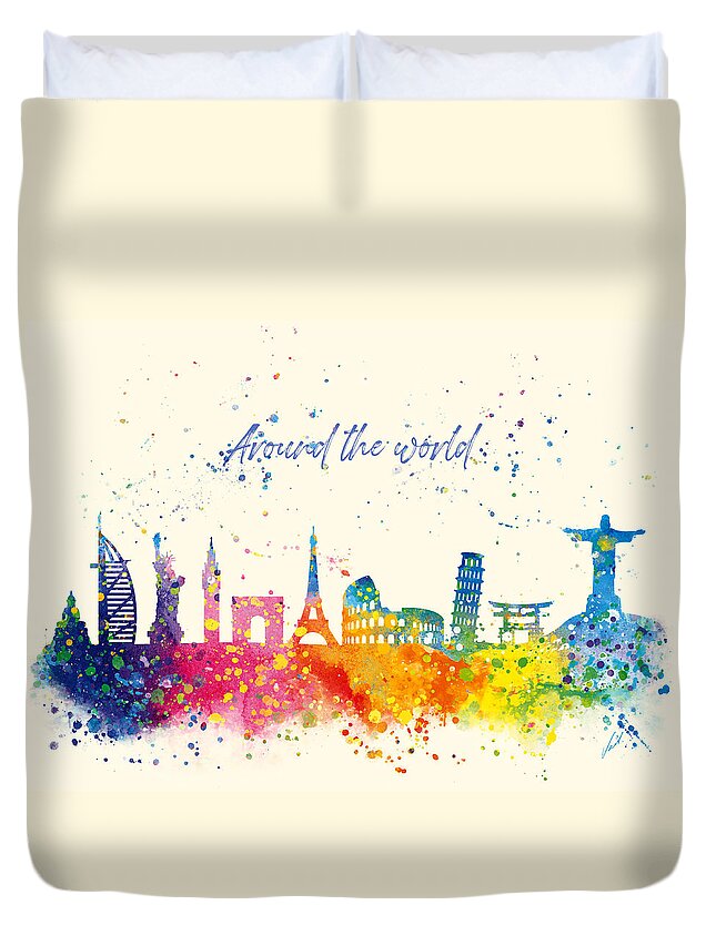 Watercolor Duvet Cover featuring the painting Watercolor Around the world by Vart Studio