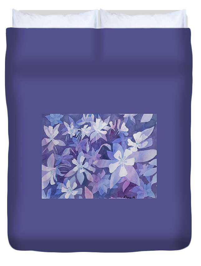 Blue Columbine Duvet Cover featuring the painting Watercolor - Blue Columbine Design by Cascade Colors