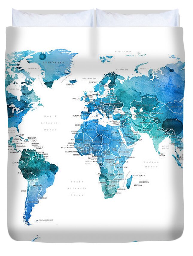 World Map Duvet Cover featuring the digital art Watercolour Political Map of the World Blue by Michael Tompsett