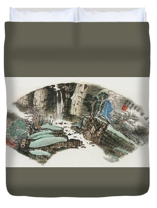 Chinese Watercolor Duvet Cover featuring the painting Waterfall Hike by Jenny Sanders