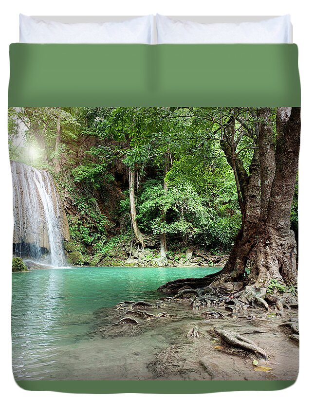 Tropical Rainforest Duvet Cover featuring the photograph Waterfall In Tropical Rainforest by Pidjoe