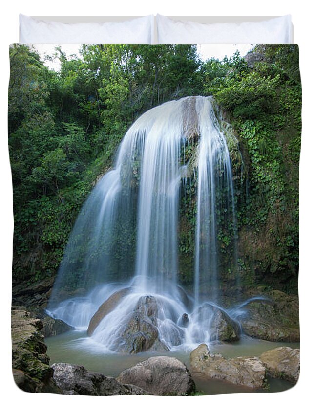Waterfall Duvet Cover featuring the photograph Waterfall near Soroa, Cuba by Mark Duehmig