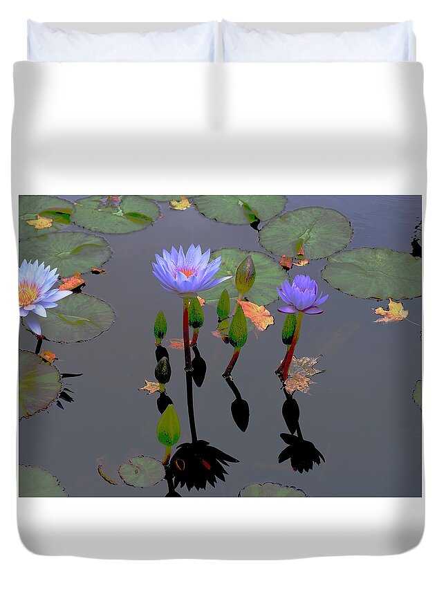Water Lilies Duvet Cover featuring the photograph Waterlilies Dance With Leaves by Alida M Haslett