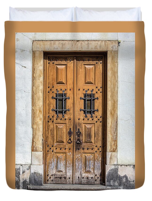 Door Duvet Cover featuring the photograph Weathered Brown Door of Portugal by David Letts