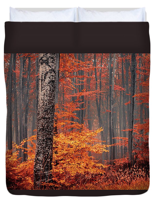 Mist Duvet Cover featuring the photograph Welcome To Orange Forest by Evgeni Dinev