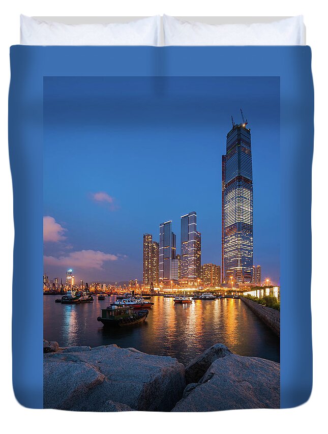 Outdoors Duvet Cover featuring the photograph West Kowloon Typhoon Shelter With by Coolbiere Photograph