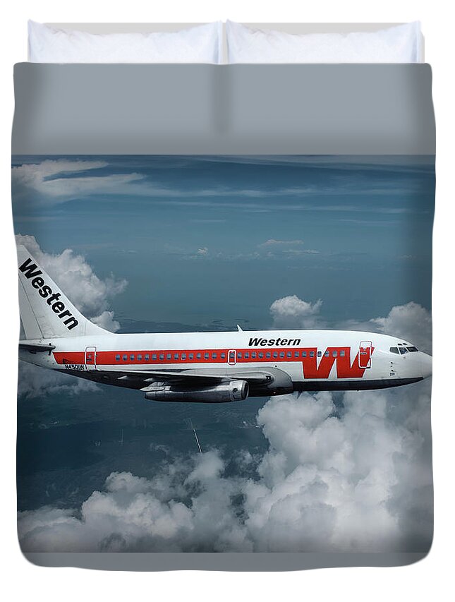 Western Airlines Duvet Cover featuring the mixed media Western Airlines Boeing 737-247 by Erik Simonsen
