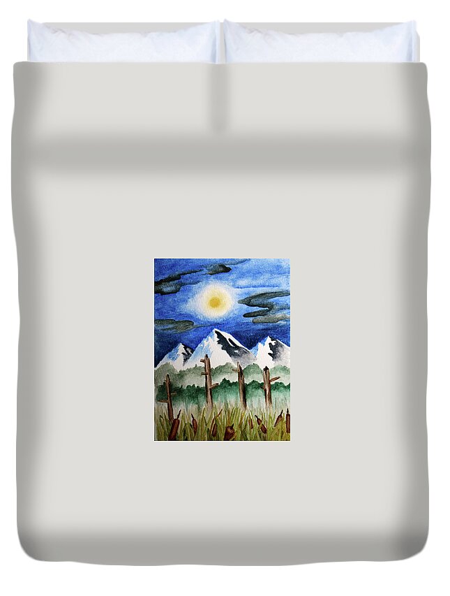 Nature Duvet Cover featuring the painting Wetlands with mountains by Robert Morin