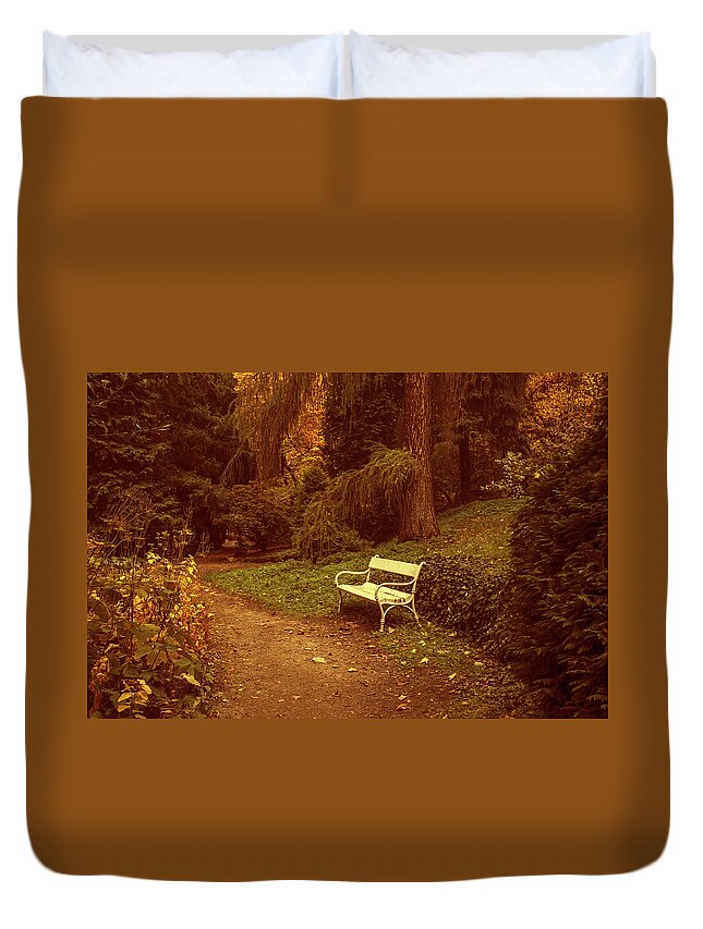 Jenny Rainbow Fine Art Photography Duvet Cover featuring the photograph White Bench in Secret Garden 1 by Jenny Rainbow