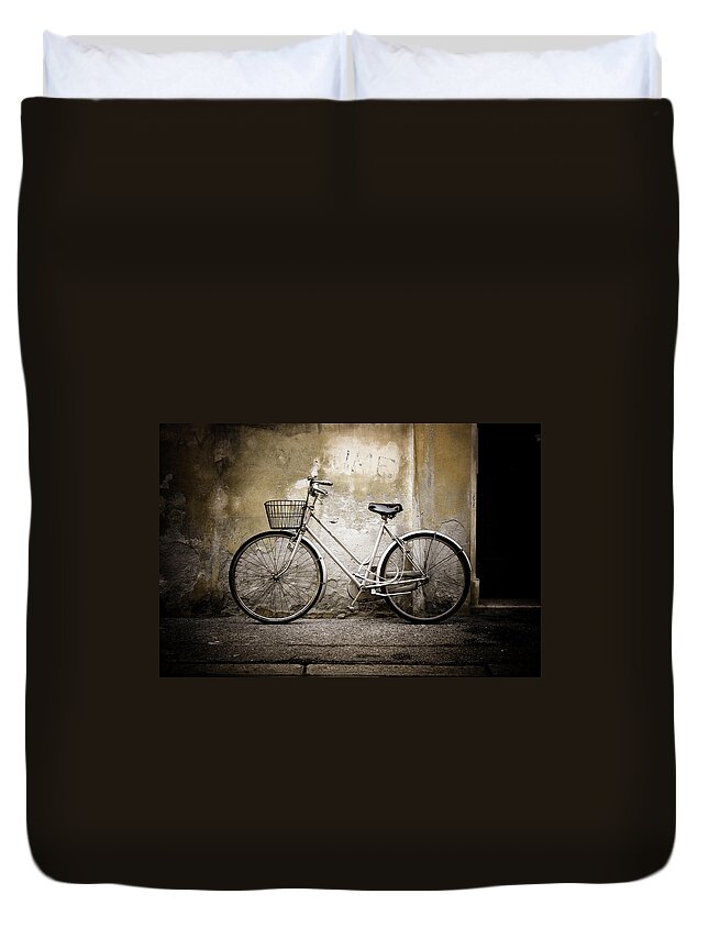 Mode Of Transport Duvet Cover featuring the photograph White Bicycle Leaning Aginst Cement by Moreiso