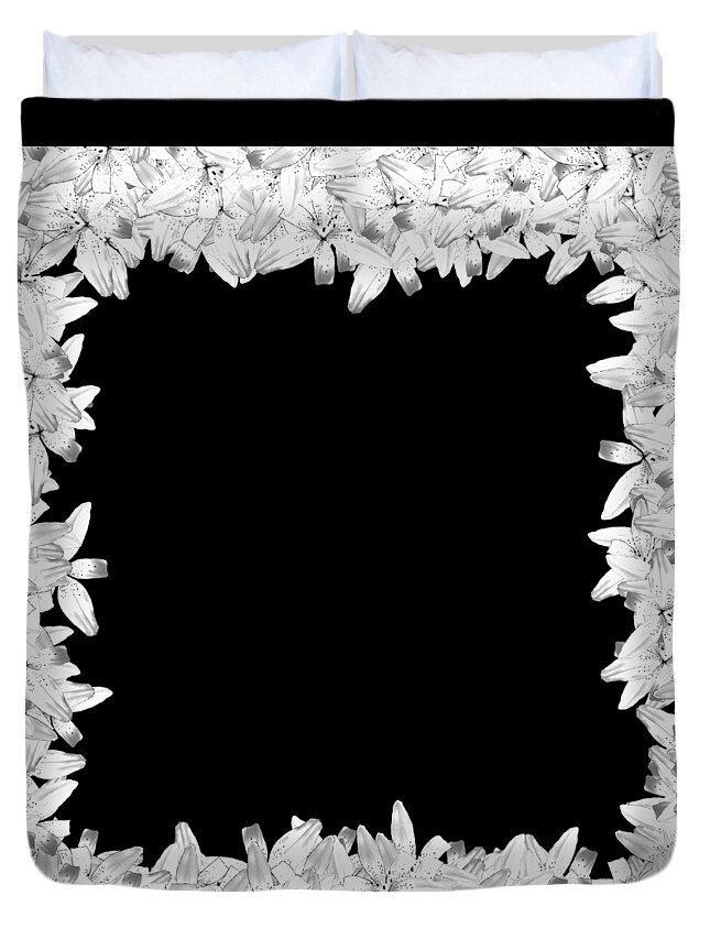  White Duvet Cover featuring the digital art White Black Lily Flower Frame by Delynn Addams