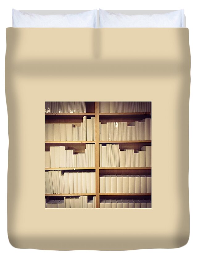Education Duvet Cover featuring the photograph White Books In Bookshelf by Jodie Griggs