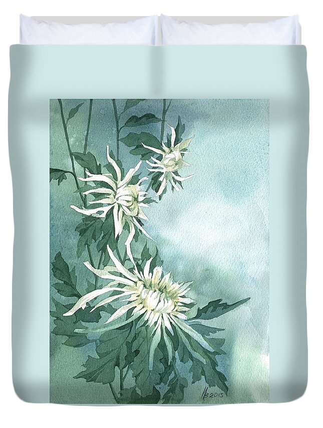 Russian Artists New Wave Duvet Cover featuring the painting White Chrysanthemums Flowers by Ina Petrashkevich