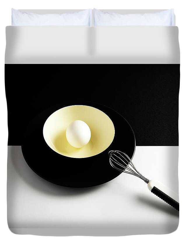 Egg Duvet Cover featuring the photograph White egg on a yellow bowl. by Michalakis Ppalis