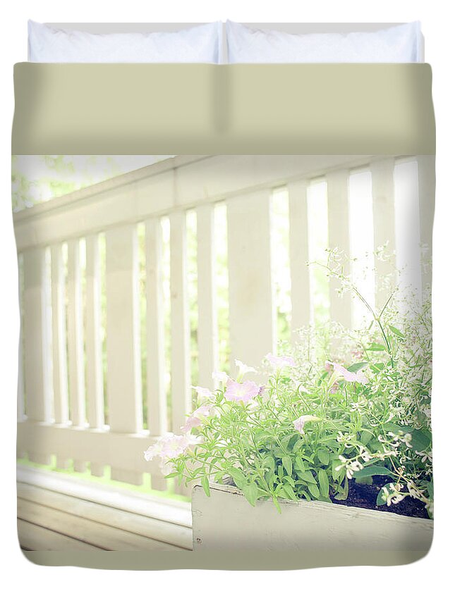 Outdoors Duvet Cover featuring the photograph White Fence And Flowers by Photographer Mikael Nyberg