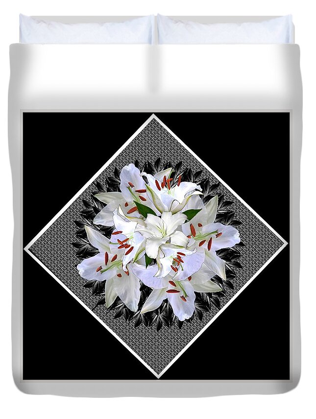 White Duvet Cover featuring the digital art White Lily Bouquet Design for Pillows by Delynn Addams