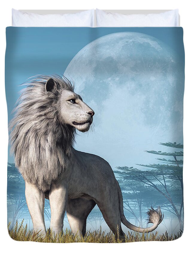 White Lion Duvet Cover featuring the digital art White Lion and Full Moon by Daniel Eskridge