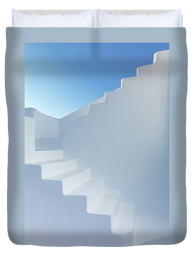 Steps Duvet Cover featuring the photograph White Steps Of Santorini Church by ©gary Maunder