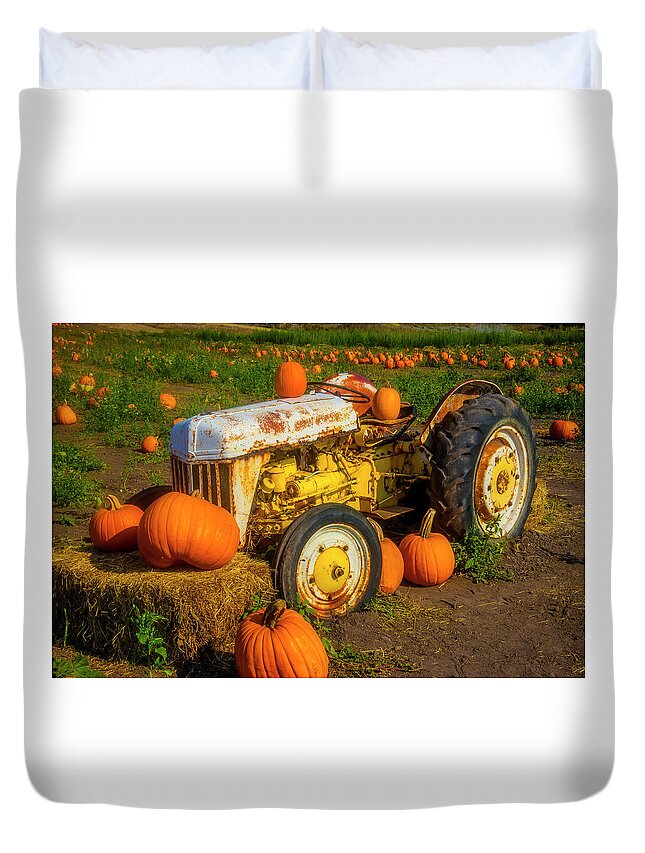 White Duvet Cover featuring the photograph White Tractor With Pumpkins by Garry Gay