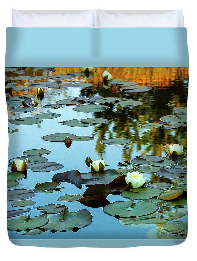 Lily Pond Duvet Cover featuring the photograph White Water Lilies on Pond by Bonnie Follett