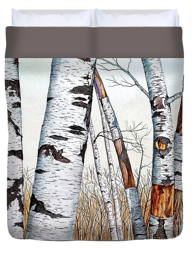 Birch Duvet Cover featuring the painting Wild Birch Trees in the Forest in watercolor by Christopher Shellhammer