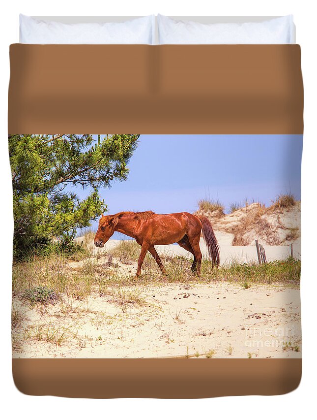 Wild Horses Outer Banks Duvet Cover featuring the digital art Wild Horses Outer Banks One by Randy Steele
