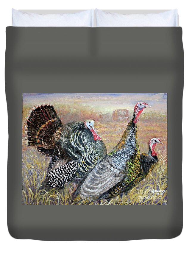 Animals Duvet Cover featuring the painting Wild Turkey Trio by Lyric Lucas
