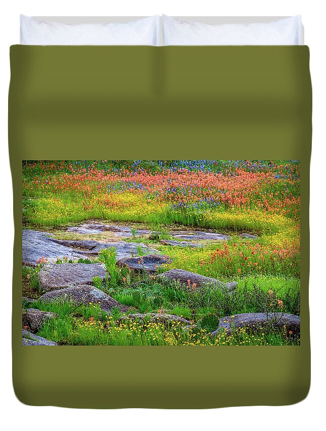 Texas Wildflowers Duvet Cover featuring the photograph Wildflower Rock by Johnny Boyd