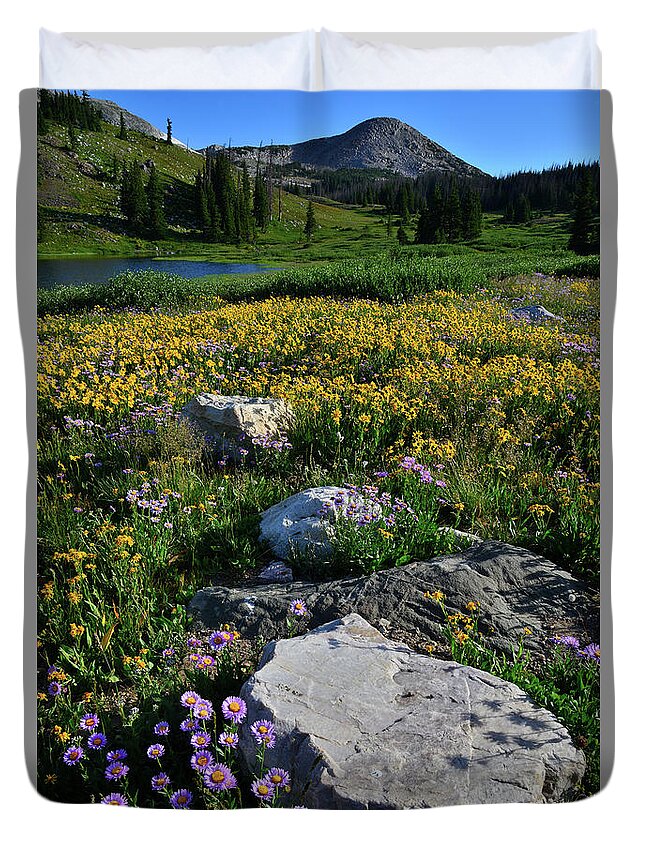 Snowy Range Mountains Duvet Cover featuring the photograph Wildflowers Bloom in Snowy Range by Ray Mathis