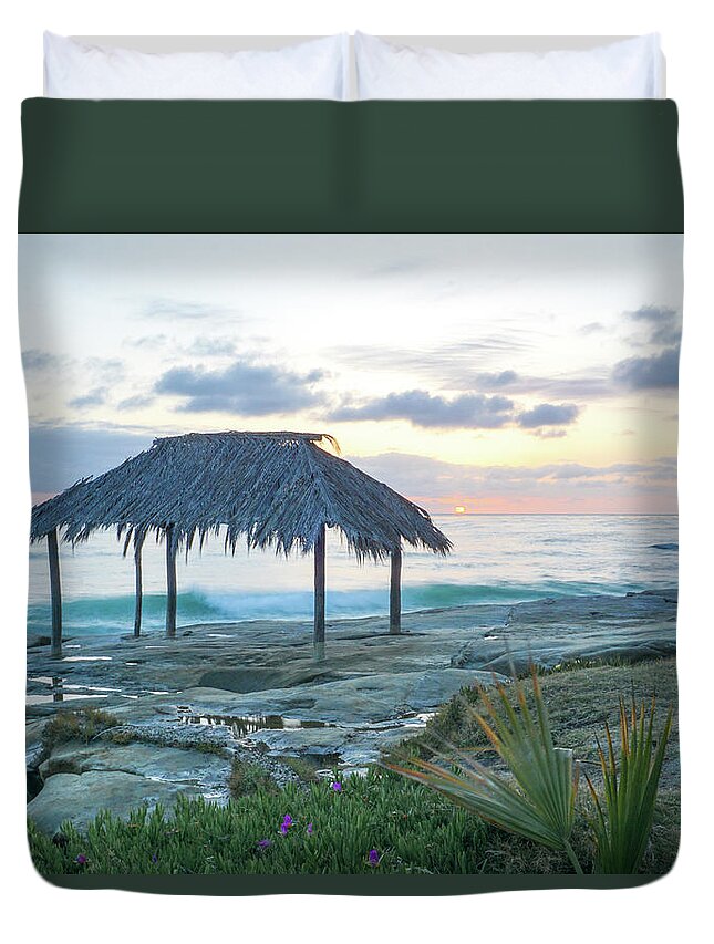 Windansea Duvet Cover featuring the photograph Windansea Surf Hut Sunset 01 by Richard A Brown