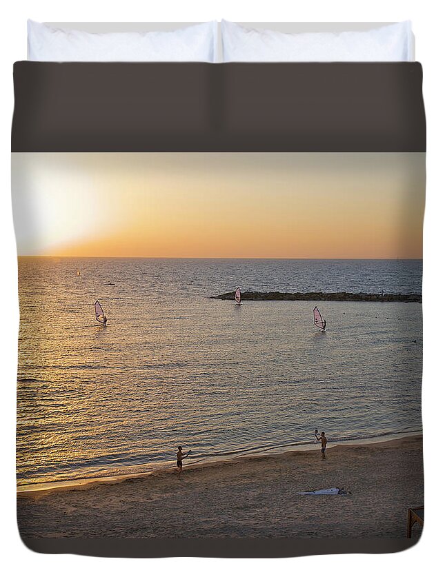 Water's Edge Duvet Cover featuring the photograph Windsurfers On Water At Sunset by Barry Winiker