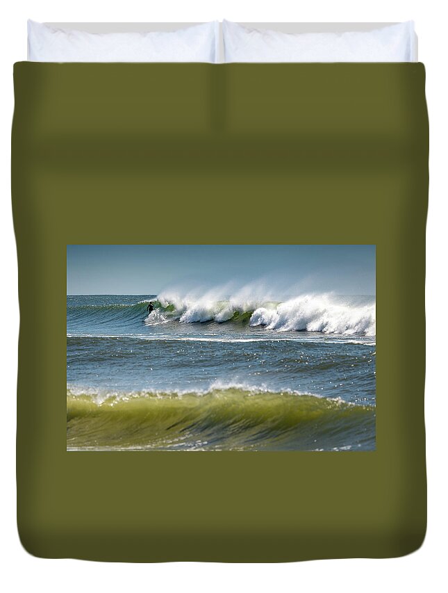 Beach Duvet Cover featuring the photograph Windy Waves Surfer by John Randazzo
