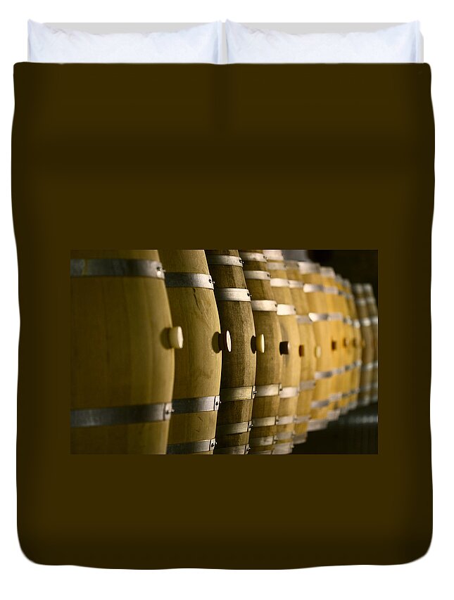 In A Row Duvet Cover featuring the photograph Wine Barrels by Copyright © Sunil Chaturvedi. All Rights Reserved.