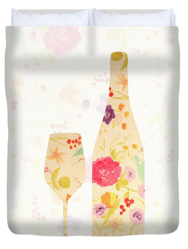 Alcohol Duvet Cover featuring the digital art Wine Bottle And Glass In Floral Pattern by Kaoru Morimasa/a.collectionrf
