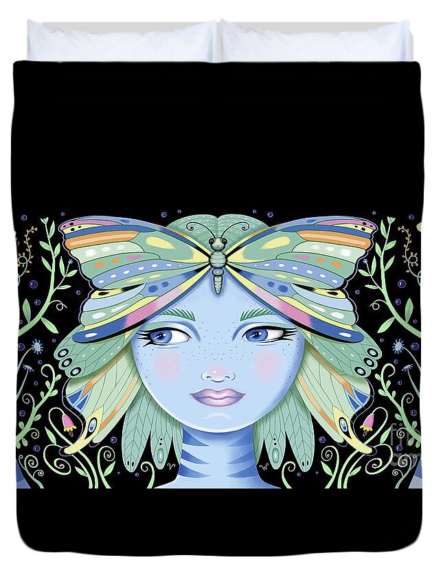 Fantasy Duvet Cover featuring the digital art Insect Girl, Winga - Oblong Black by Valerie White