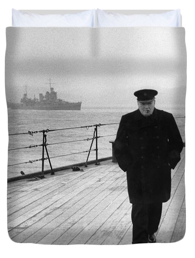 Winston Churchill Duvet Cover featuring the photograph Winston Churchill At Sea by War Is Hell Store