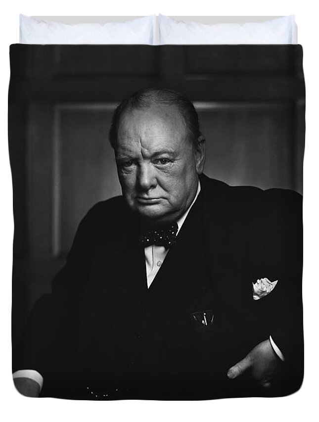Churchill Duvet Cover featuring the photograph Winston Churchill Portrait - The Roaring Lion - Yousuf Karsh by War Is Hell Store