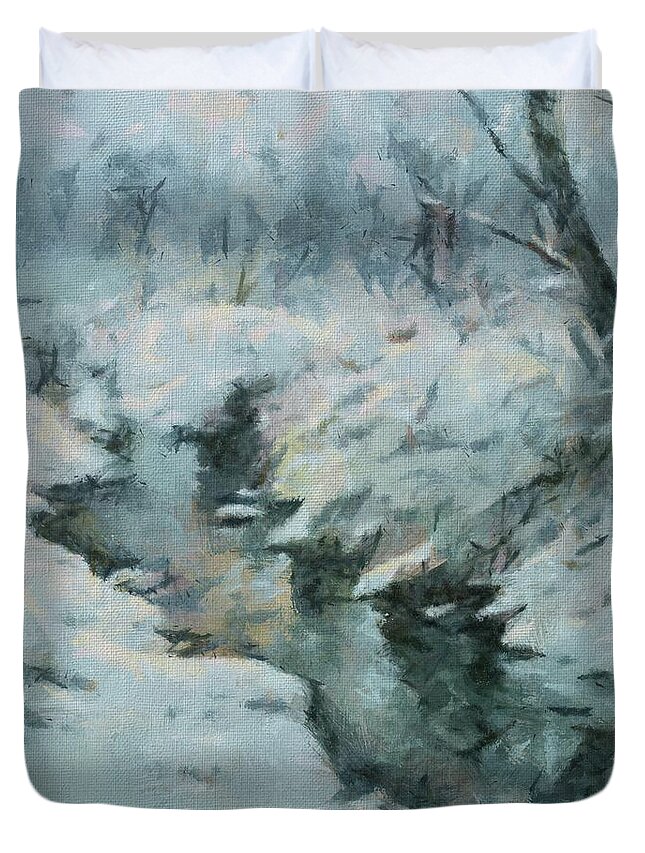Nature Duvet Cover featuring the painting Winter By The Stream by Dragica Micki Fortuna