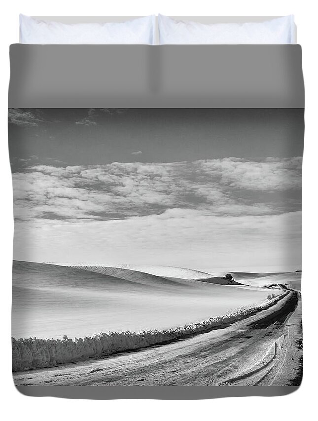 Winter Duvet Cover featuring the photograph Winter Country Road Black and White by Tatiana Travelways