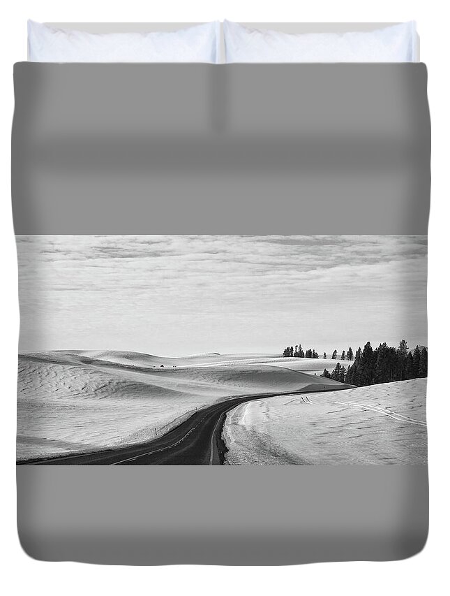 Winter Duvet Cover featuring the photograph Winter Country Road 2 BW by Tatiana Travelways