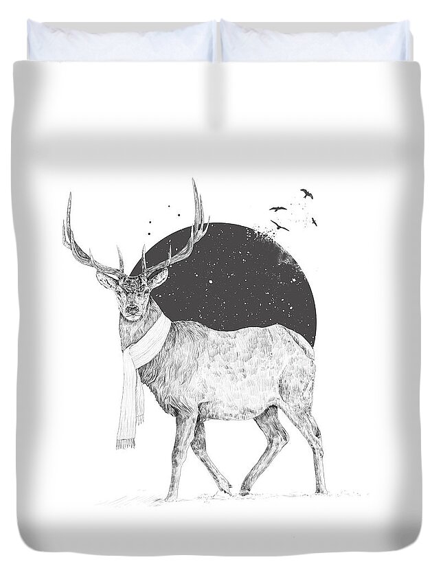 Deer Duvet Cover featuring the drawing Winter is all around by Balazs Solti