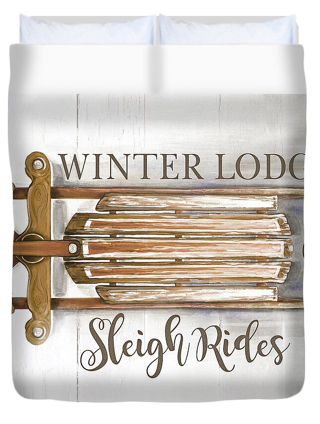 Winter Duvet Cover featuring the mixed media Winter Lodge Sleigh Rides by Diannart