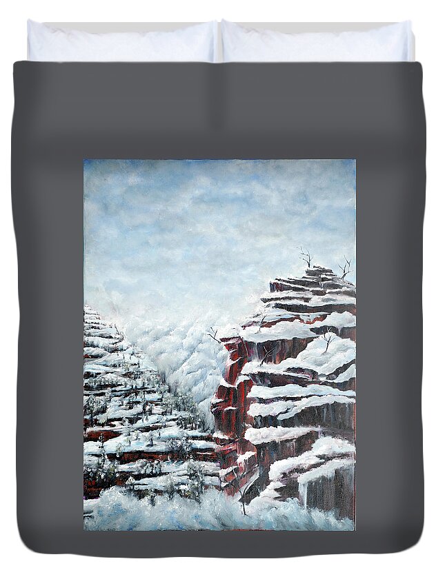 Winter Mood Alluring Beautiful Pleasing Snow Rock Clouds Sky Svaneti Ushguli Mountains Duvet Cover featuring the painting Winter Mood by Medea Ioseliani