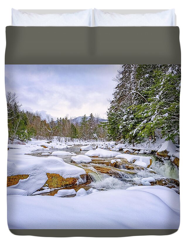 Snow Duvet Cover featuring the photograph Winter On The Swift River. by Jeff Sinon